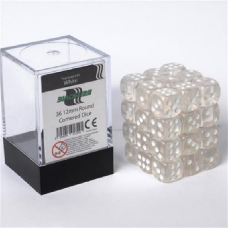 SET 36 DADI D6 12MM - TRANSPARENT WHITE - BLACKFIRE DICE CUBE