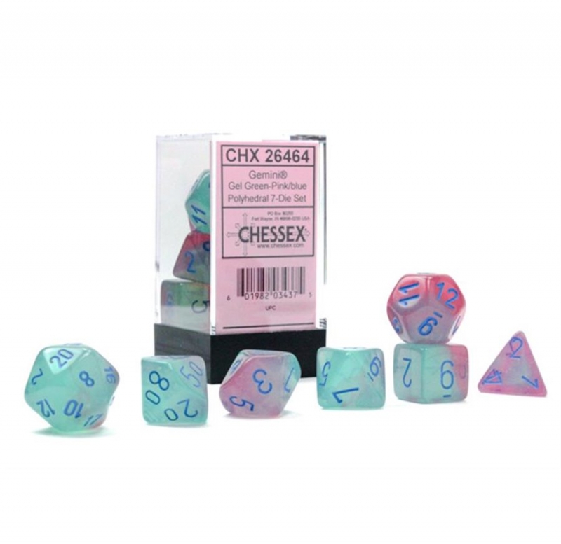 SET 7 DADI POLIEDRICI GEMINI - GEL GREEN-PINK/BLUE LUMINARY