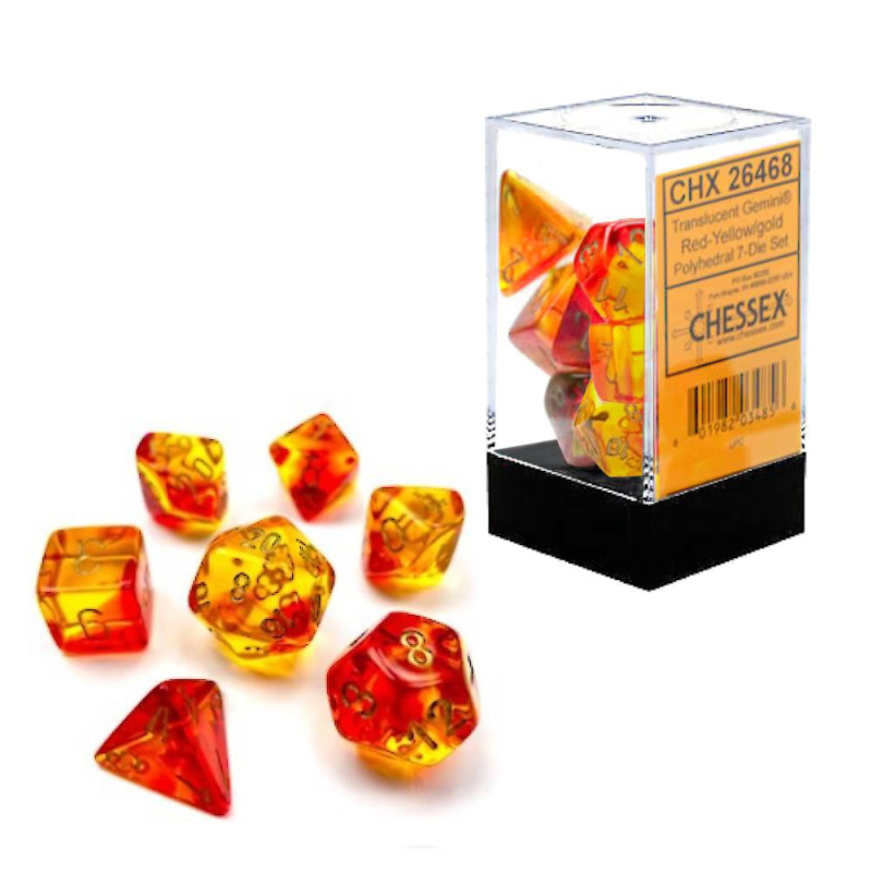 SET 7 DADI POLIEDRICI GEMINI TRANSLUCENT RED-YELLOW e GOLD